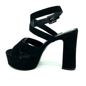 Reformation Tatiana Black Platform Sandals Suede Block Heels Cross Strap, 7.5
